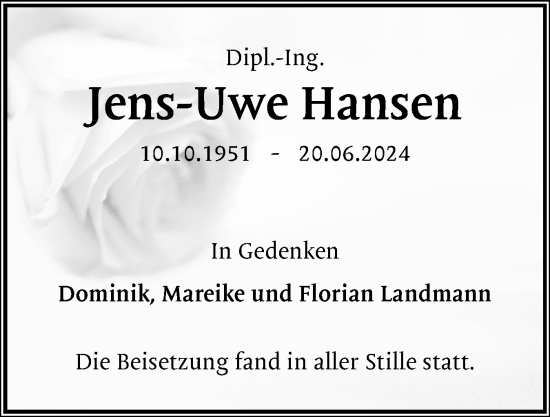 Traueranzeige von Jens-Uwe Hansen von Eckernförder Zeitung, Hallo Eckernförde