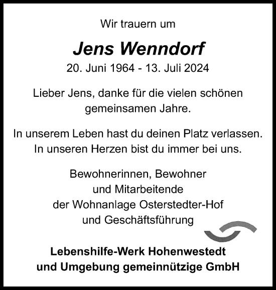 Traueranzeige von Jens Wenndorf von Schleswig-Holsteinische Landeszeitung