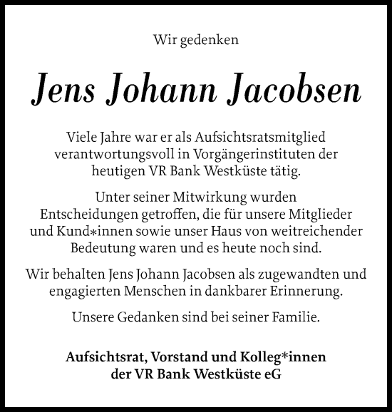 Traueranzeige von Jens Johann Jacobsen von Husumer Nachrichten, Nordfriesland Tageblatt