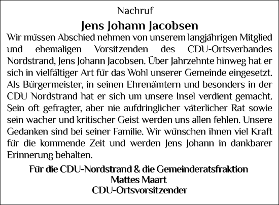 Traueranzeige von Jens Johann Jacobsen von Husumer Nachrichten, Nordfriesland Tageblatt