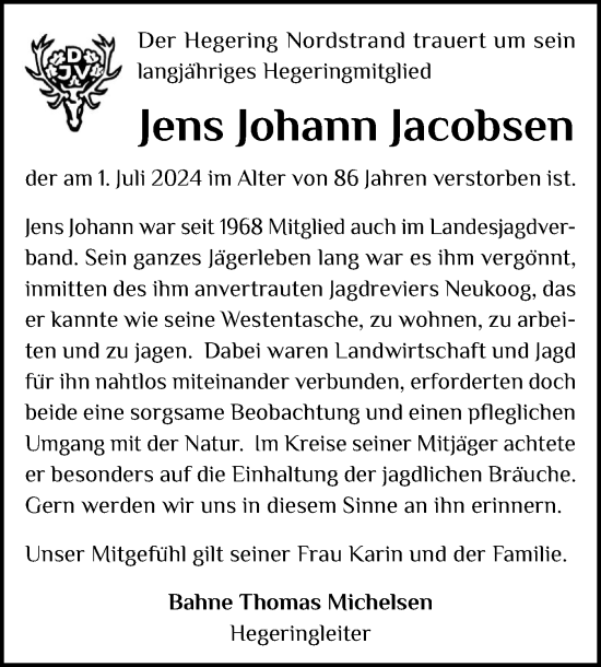 Traueranzeige von Jens Johann Jacobsen von Husumer Nachrichten, Nordfriesland Tageblatt