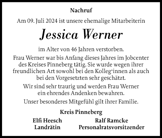 Traueranzeige von Jessica Werner von A. Beig Gesamtausgabe