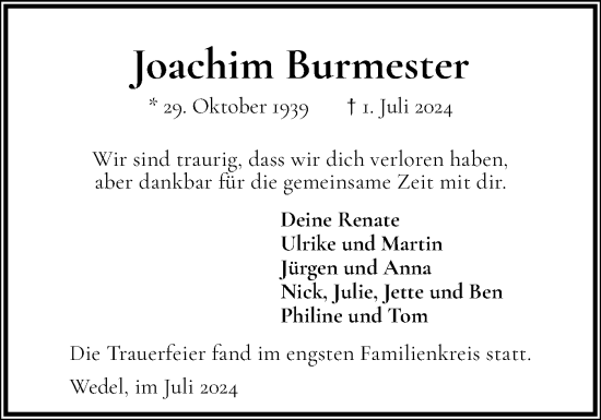 Traueranzeige von Joachim Burmester von Wedel-Schulauer Tageblatt, tip Wedel-Schulauer Tageblatt, tip Rissener Rundschau