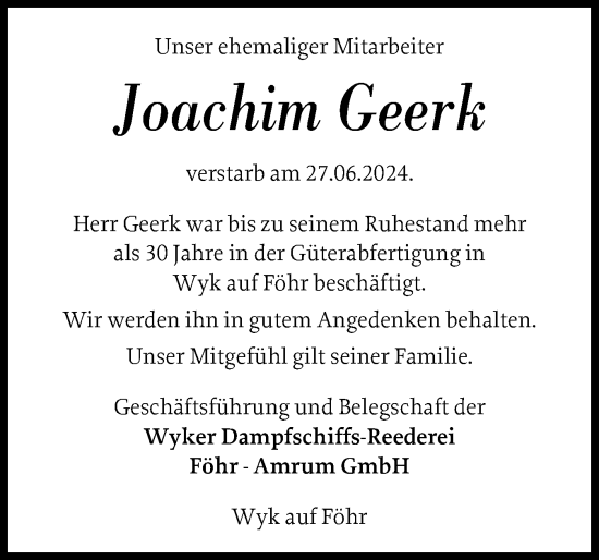 Traueranzeige von Joachim Geerk von Der Insel-Bote