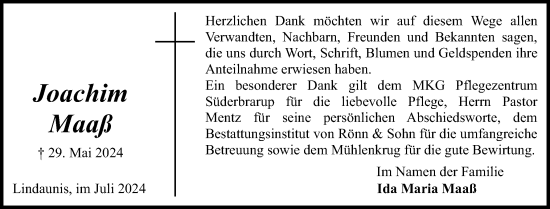 Traueranzeige von Joachim Maaß von Schleswiger Nachrichten, Schlei-Bote