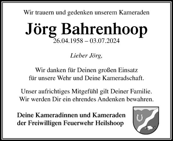 Traueranzeige von Jörg Bahrenhoop von Stormaner Tageblatt