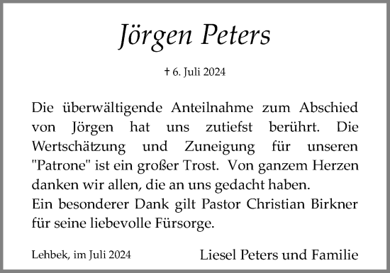 Traueranzeige von Jörgen Peters von Flensburger Tageblatt