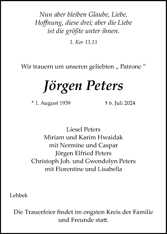 Traueranzeige von Jörgen Peters von Flensburger Tageblatt