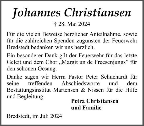 Traueranzeige von Johannes Christiansen von Husumer Nachrichten, Nordfriesland Tageblatt