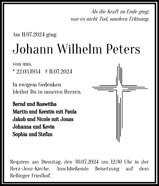 Traueranzeige von Johann Wilhelm Peters von Region Pinneberg und tip Pinneberg