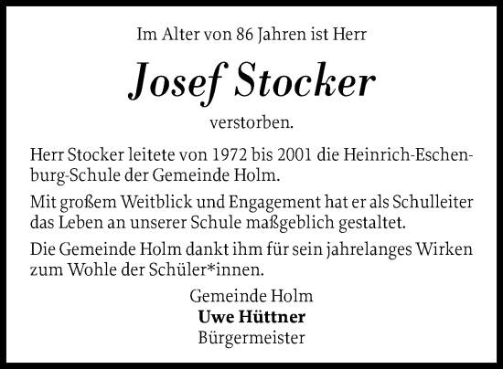 Traueranzeige von Josef Stocker von Wedel-Schulauer Tageblatt, tip Wedel-Schulauer Tageblatt, tip Rissener Rundschau