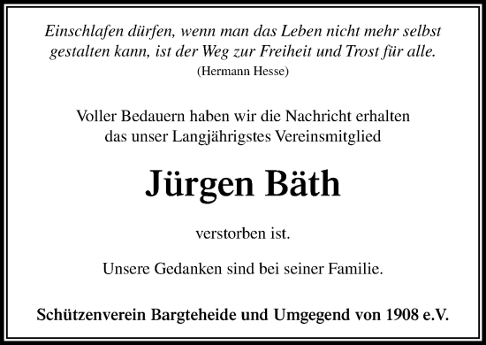 Traueranzeige von Jürgen Bäth von Stormaner Tageblatt
