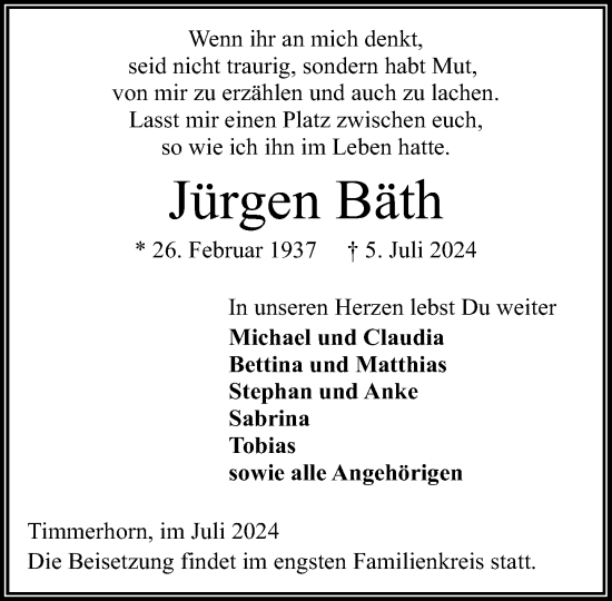 Traueranzeige von Jürgen Bäth von Stormaner Tageblatt