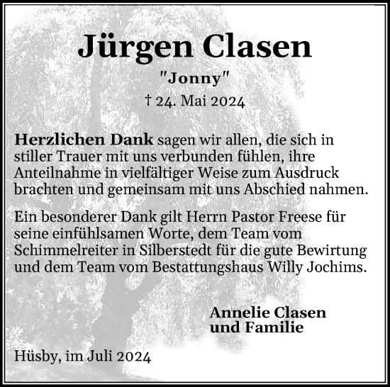Traueranzeige von Jürgen Clasen von Schleswiger Nachrichten, Schlei-Bote