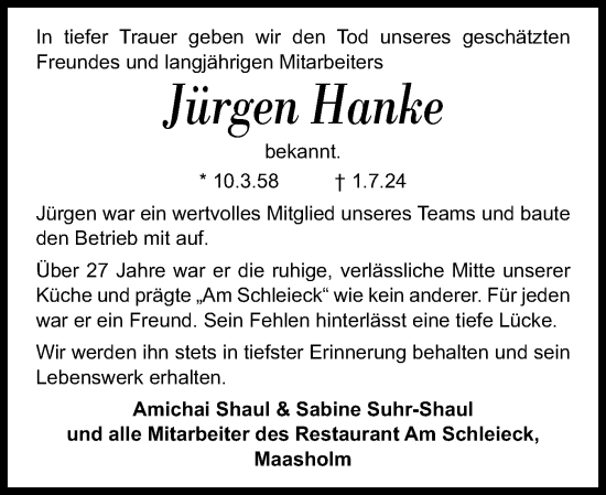 Traueranzeige von Jürgen Hanke von Schleswiger Nachrichten, Schlei-Bote