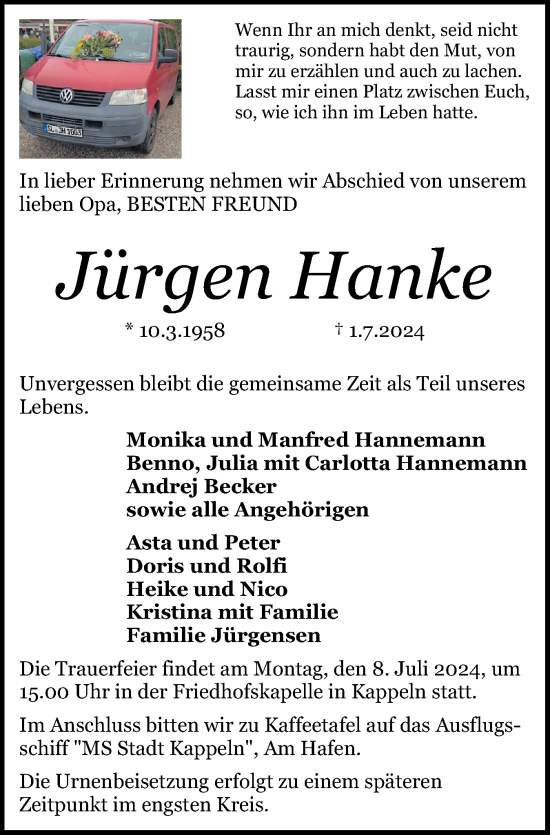 Traueranzeige von Jürgen Hanke von Schleswiger Nachrichten, Schlei-Bote