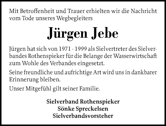 Traueranzeige von Jürgen Jebe von Husumer Nachrichten, Nordfriesland Tageblatt