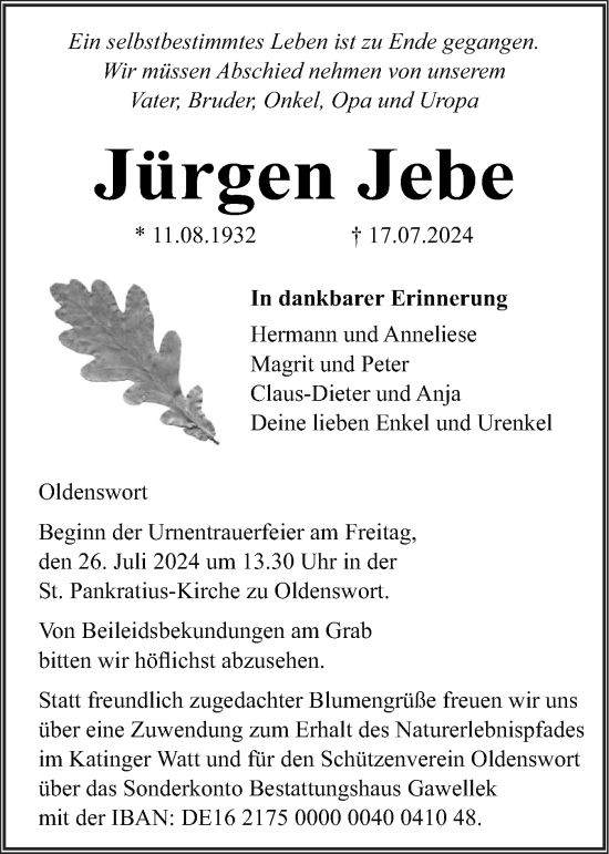 Traueranzeige von Jürgen Jebe von Husumer Nachrichten, Nordfriesland Tageblatt