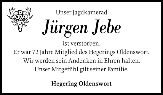 Traueranzeige von Jürgen Jebe von Husumer Nachrichten, Nordfriesland Tageblatt