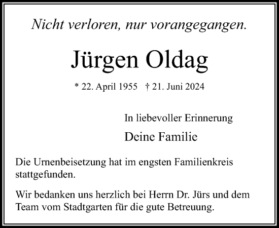 Traueranzeige von Jürgen Oldag von Stormaner Tageblatt
