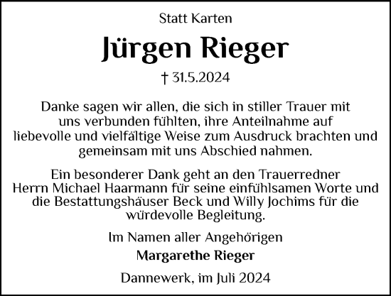 Traueranzeige von Jürgen Rieger von Schleswiger Nachrichten, Schlei-Bote