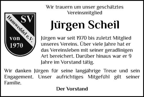 Traueranzeige von Jürgen Scheil von Schleswig-Holsteinische Landeszeitung