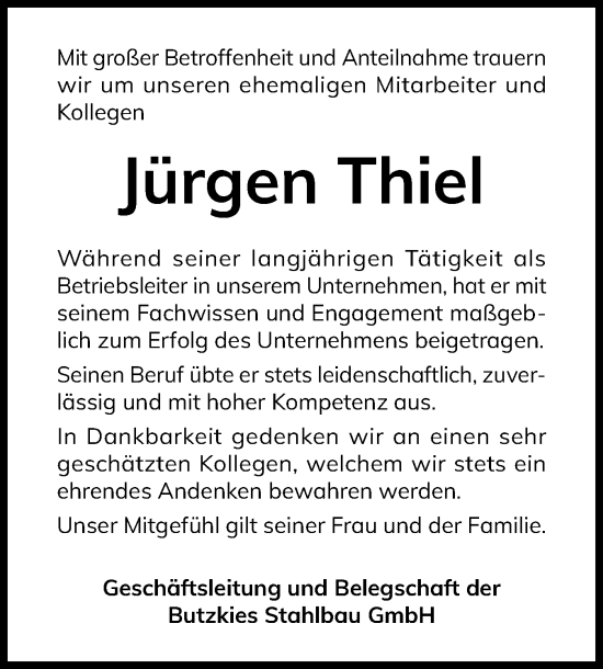 Traueranzeige von Jürgen Thiel von Norddeutsche Rundschau, Wilstersche Zeitung, Glückstädter Fortuna