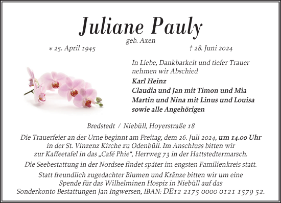 Traueranzeige von Juliane Pauly von Husumer Nachrichten, Nordfriesland Tageblatt