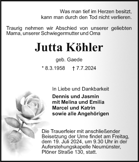 Traueranzeige von Jutta Köhler von Holsteinischer Courier