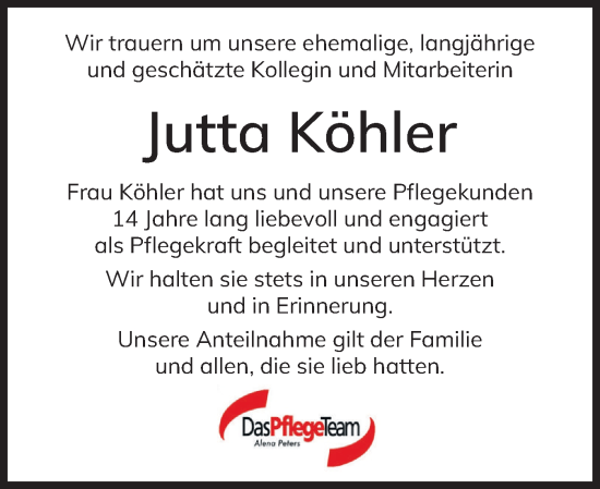 Traueranzeige von Jutta Köhler von Holsteinischer Courier