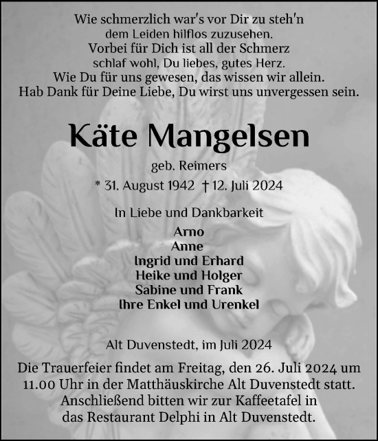 Traueranzeige von Käte Mangelsen von Schleswig-Holsteinische Landeszeitung