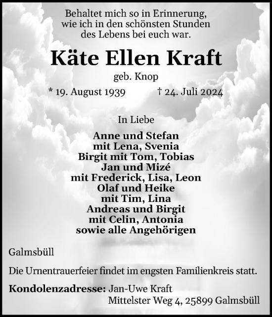 Traueranzeige von Käte Ellen Kraft von Husumer Nachrichten, Nordfriesland Tageblatt