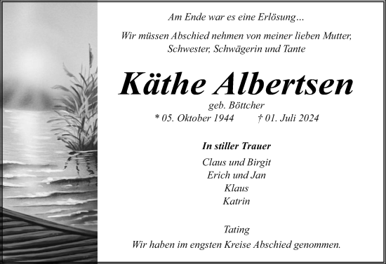 Traueranzeige von Käthe Albertsen von Husumer Nachrichten, Nordfriesland Tageblatt