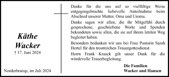 Traueranzeige von Käthe Wacker von Flensburger Tageblatt, Schleswiger Nachrichten, Schlei-Bote
