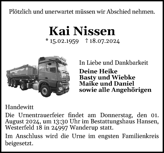 Traueranzeige von Kai Nissen von Region Flensburg