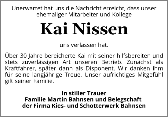 Traueranzeige von Kai Nissen von Flensburger Tageblatt