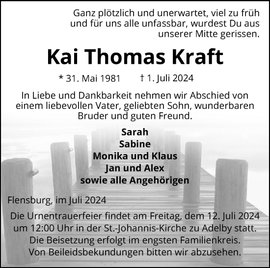 Traueranzeige von Kai Thomas Kraft von Flensburger Tageblatt