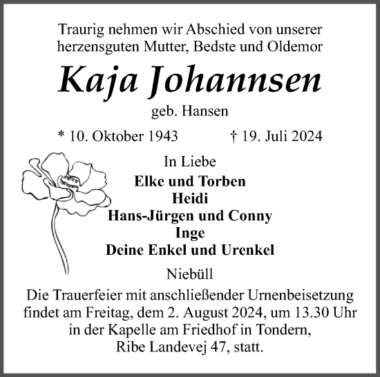 Traueranzeige von Kaja Johannsen von Husumer Nachrichten, Nordfriesland Tageblatt