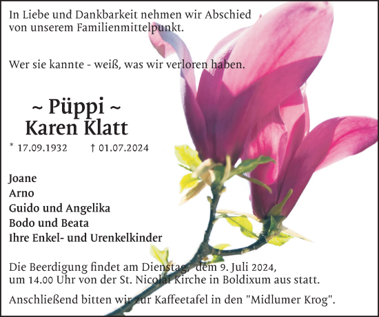 Traueranzeige von Karen Klatt von Der Insel-Bote