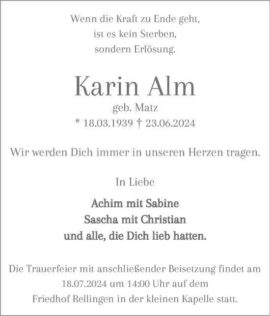 Traueranzeige von Karin Alm von Region Pinneberg und tip Pinneberg