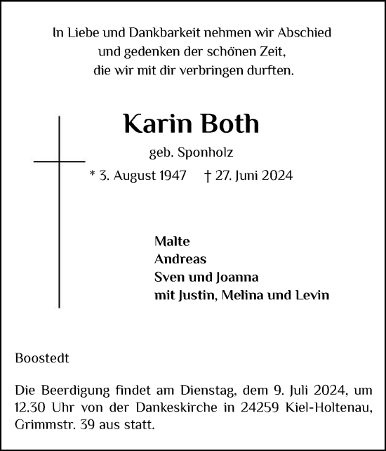 Traueranzeige von Karin Both von Holsteinischer Courier