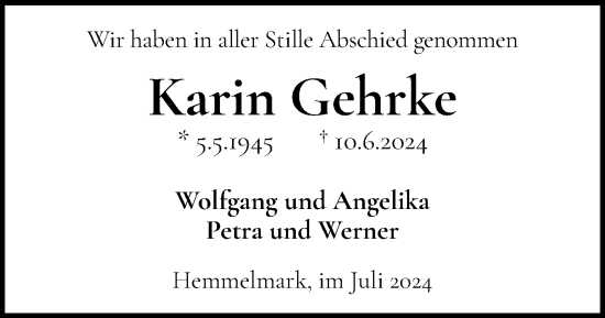 Traueranzeige von Karin Gehrke von Eckernförder Zeitung, Hallo Eckernförde