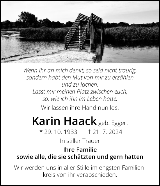 Traueranzeige von Karin Haack von Schleswiger Nachrichten, Schlei-Bote