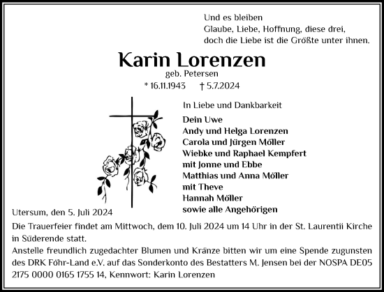 Traueranzeige von Karin Lorenzen von Der Insel-Bote