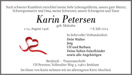 Traueranzeige von Karin Petersen von Husumer Nachrichten, Nordfriesland Tageblatt