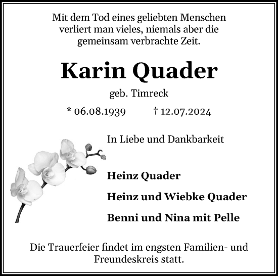Traueranzeige von Karin Quader von Norddeutsche Rundschau, Wilstersche Zeitung, Glückstädter Fortuna