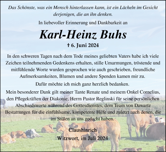 Traueranzeige von Karl-Heinz Buhs von Husumer Nachrichten, Nordfriesland Tageblatt