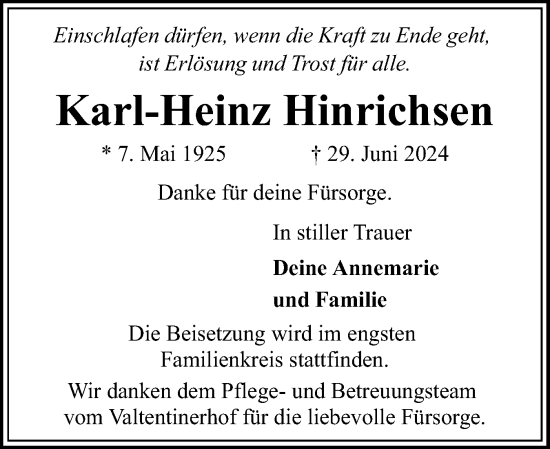 Traueranzeige von Karl-Heinz Hinrichsen von Flensburger Tageblatt
