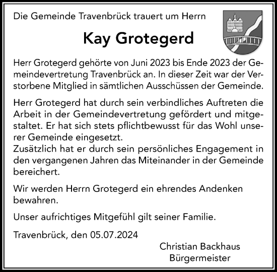 Traueranzeige von Kay Grotegerd von Stormaner Tageblatt