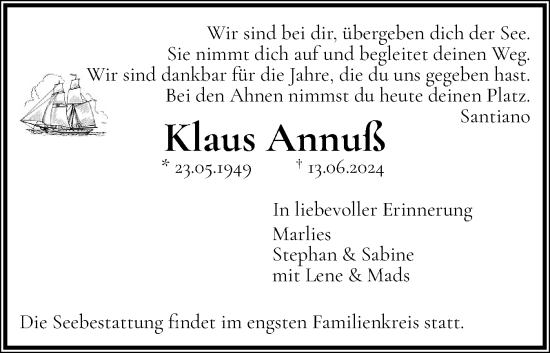 Traueranzeige von Klaus Annuß von Schleswig-Holsteinische Landeszeitung